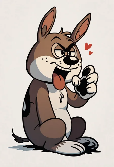 (score_9 | score_8_up | score_7_up) ((masterpiece:1))(best quality,very high quality,ultra detailed:1.2) (2D,cartoon style,anime style)(Smooth:2)(clean blurring) (four fingers on each hand,one thumb on each hand:1), solo, charles, dog, black spot on left eye, white fur, paw, dog paws, donkey dog hybrid, Full Donkey, half donkey, donkey head, donkey ears, donkey tail,