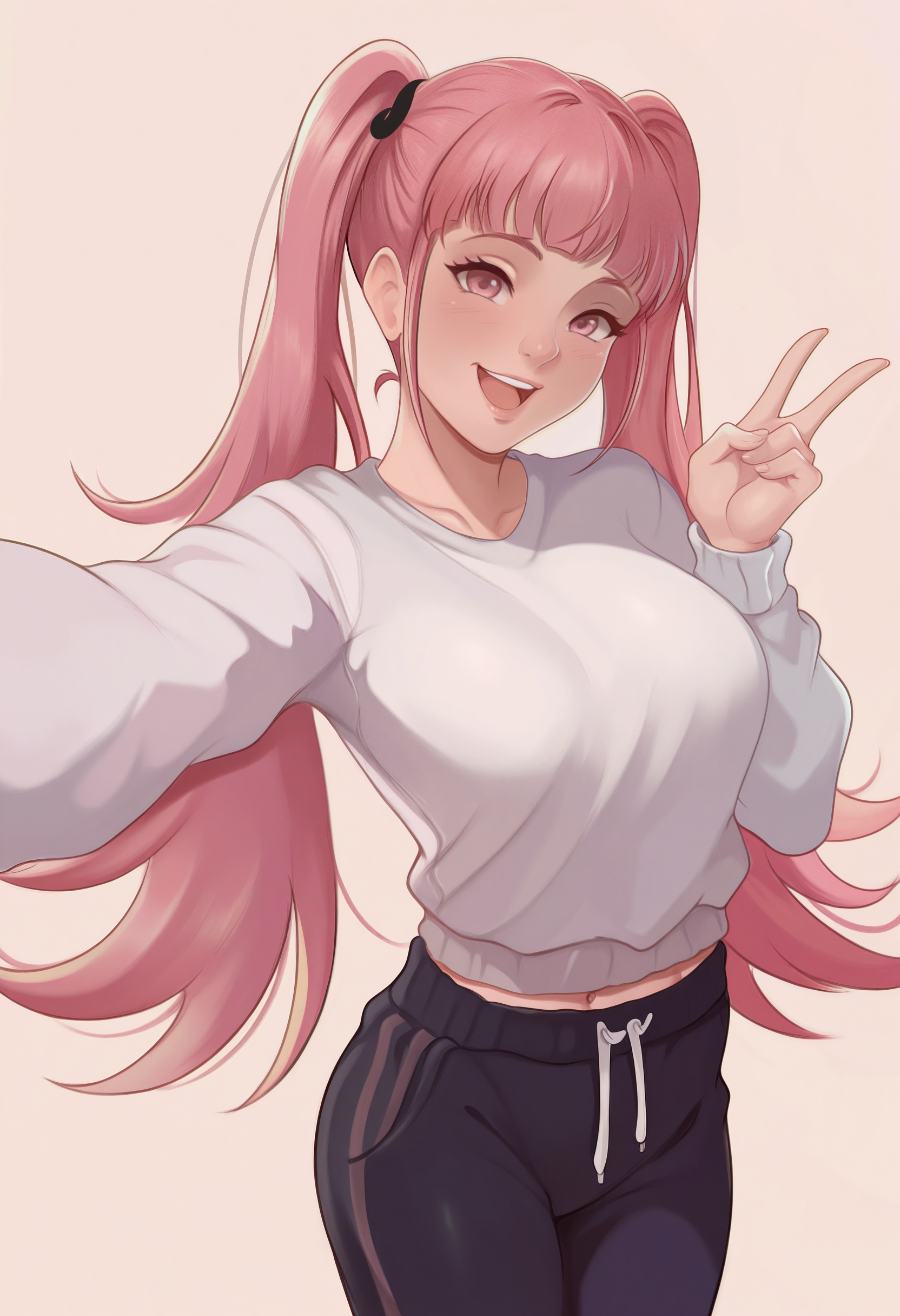 1girl, solo, hilda valentine goneril, sweatpants, sweater, happy, v, selfie, simple background, 
masterpiece, best quality, <lora:ExLic-guy90-Illust-Lycorisv1:1> ccilxe