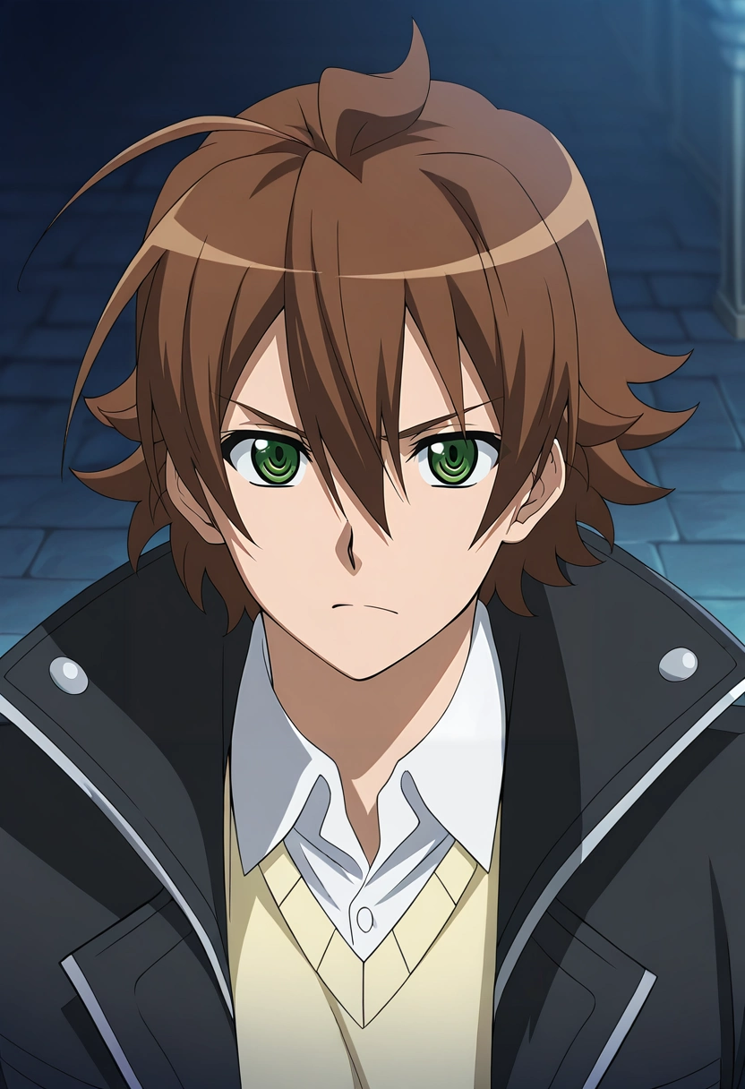 masterpiece, best quality, intricate details, ,, 1boy, solo, male focus, <lora:tatsumi_akame_ga_kill_ilxl:0.96>, tatsumi_akame_ga_kill, brown hair, green eyes, short hair, hair between eyes, ahoge,
