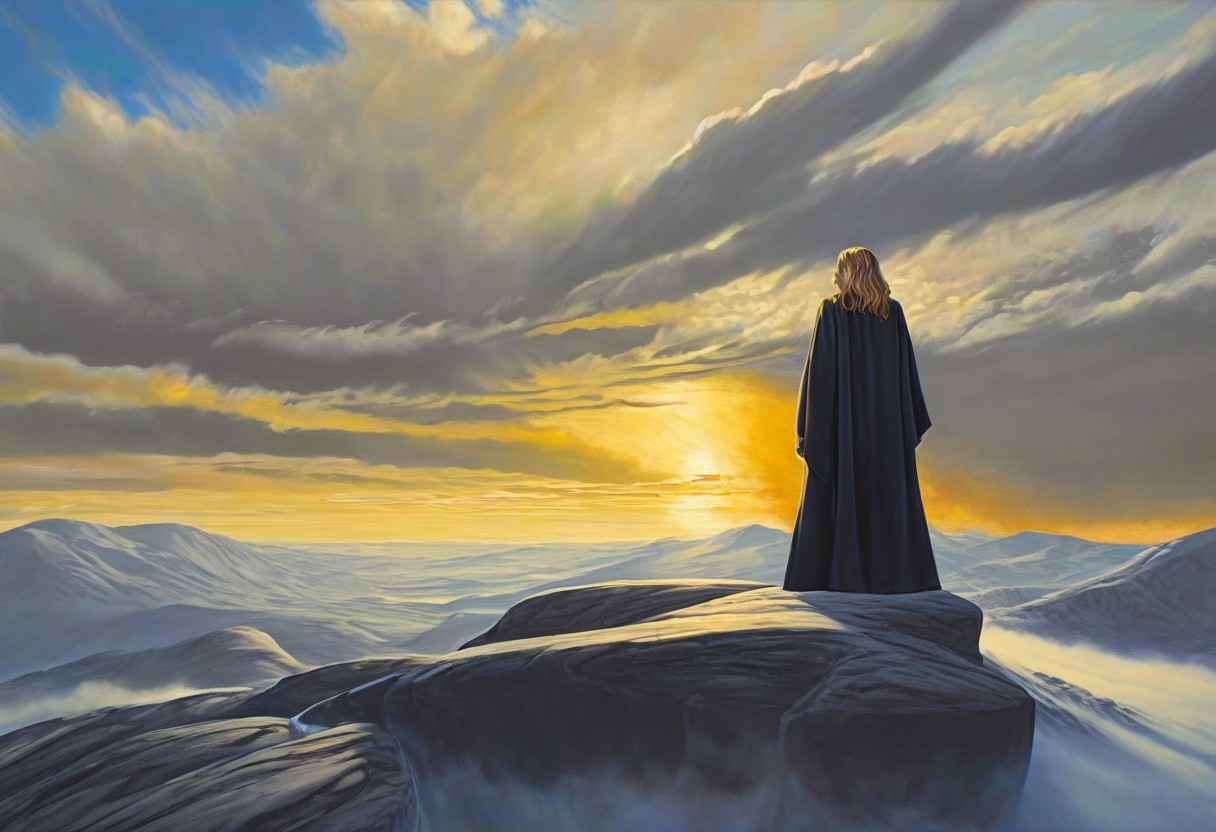 1woman, blonde hair, she's the grim reaper, facing away, rocky hill, standing, black robe blowing in the wind, clouds, sky, sunset, stars, cosmic, in meditation, ultra detailed landscape, bright yellow energy surrounding surrounding her, volumetric lighting, ultra detailed clothes, ultra detailed body, ultra detailed hair, looking at an ancient city made of blue crystals is in the distance, serenity, glowing,
by Natalia Rak and Barclay Shaw in the style of Jessica Rossier,  <lora:EnvyAnimeWatercolorXL02:0.60> ,   Elmore_Style_LX <lora:Elmore_Style_LX-000011:0.60>