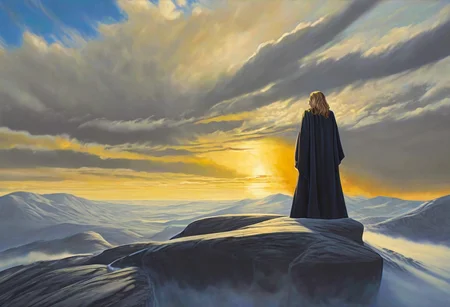 1woman, blonde hair, she's the grim reaper, facing away, rocky hill, standing, black robe blowing in the wind, clouds, sky, sunset, stars, cosmic, in meditation, ultra detailed landscape, bright yellow energy surrounding surrounding her, volumetric lighting, ultra detailed clothes, ultra detailed body, ultra detailed hair, looking at an ancient city made of blue crystals is in the distance, serenity, glowing,
by Natalia Rak and Barclay Shaw in the style of Jessica Rossier,  <lora:EnvyAnimeWatercolorXL02:0.60> ,   Elmore_Style_LX <lora:Elmore_Style_LX-000011:0.60>