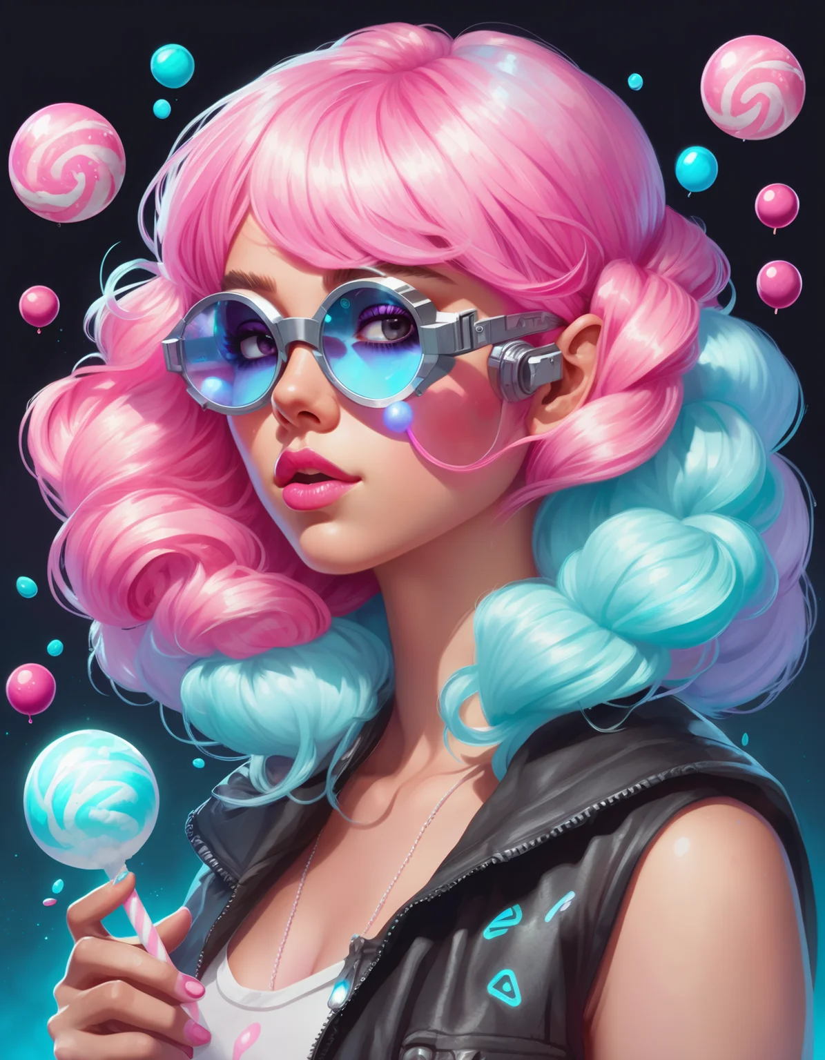 Female Hologram thief, sci fi, 8k, high quality, beautiful, vibrant colors, cyberpunk, goggles, cotton candy hair, blowing holographic bubblegum, <lora:FaeStyle:0.8>