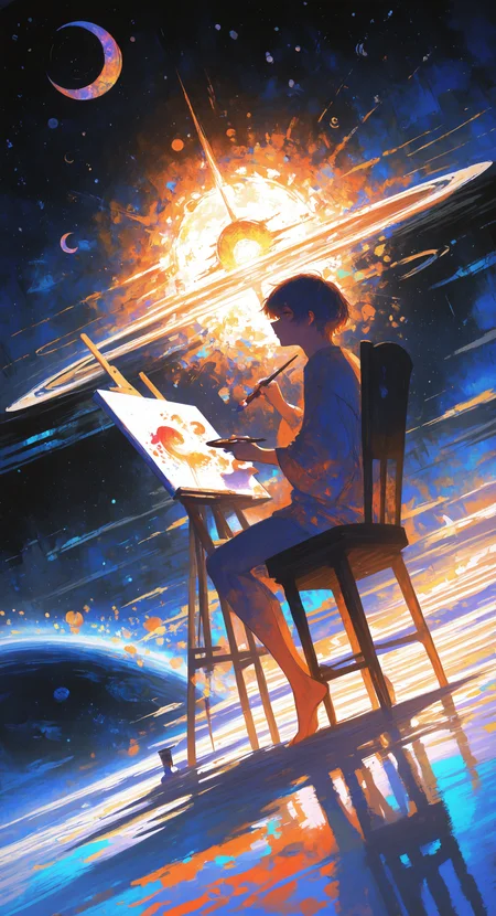 masterpiece, best quality, good quality, very aesthetic, absurdres, newest, solo, short hair, 1boy, holding, sitting, male focus, sky, barefoot, sketch, profile, chair, moon, star \(sky\), sun, space, paintbrush, crescent moon, planet, painting \(object\), colorful, surreal, abstract, holding paintbrush, palette \(object\), painting \(action\), canvas \(object\), art brush, easel, Dutch Angle,low view, <lora:spo_sdxl_10ep_4k-data_lora_webui:0.6> <lora:ponyv5_noobV065S_1_adamW-000013:0.7> <lora:USNR_STYLE_XL_lokr:0.45> <lora:GBF_Illustrious:0.4> <lora:745cmSDXLvpred75S:0.7>