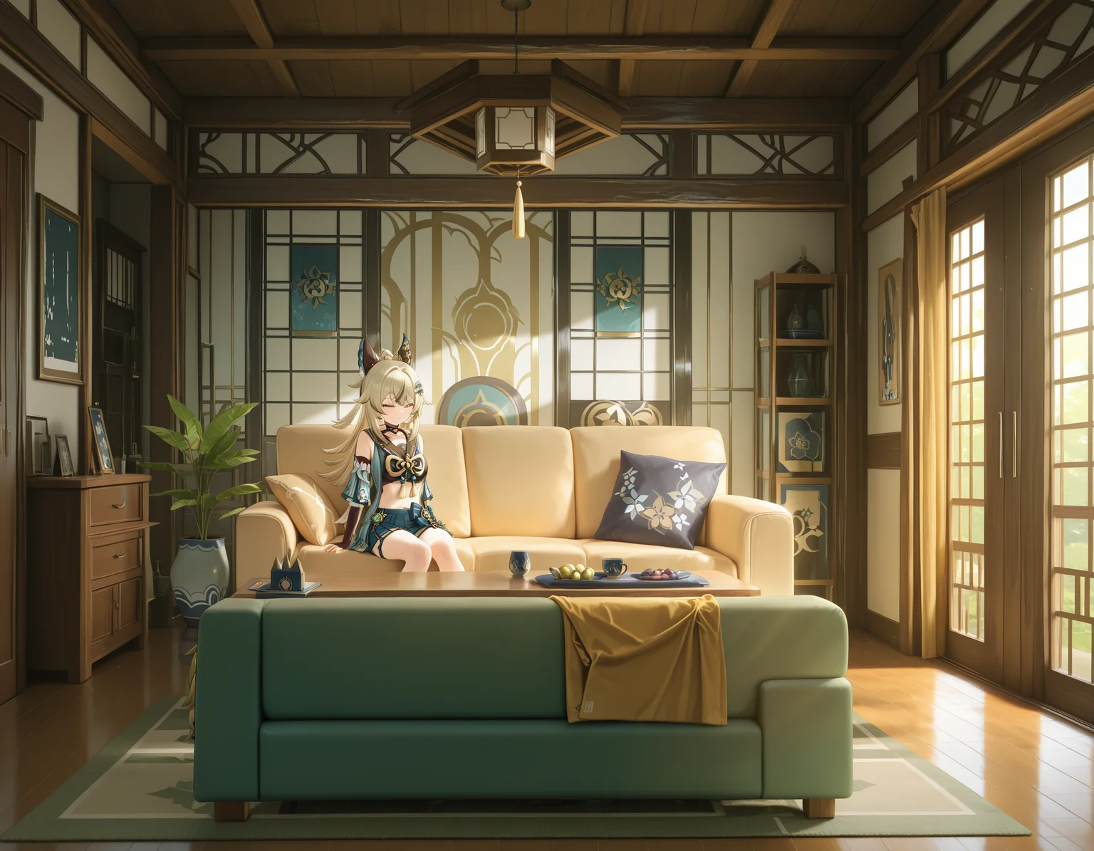 <lora:midis_LargeRoom_V0.5[IL]:1> , largeroom,  living room , kirara \(genshin impact\),, masterpiece,best quality, very aesthetic,absurdres,newest,
