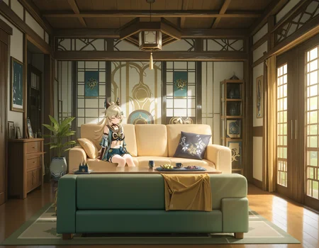 <lora:midis_LargeRoom_V0.5[IL]:1> , largeroom,  living room , kirara \(genshin impact\),, masterpiece,best quality, very aesthetic,absurdres,newest,