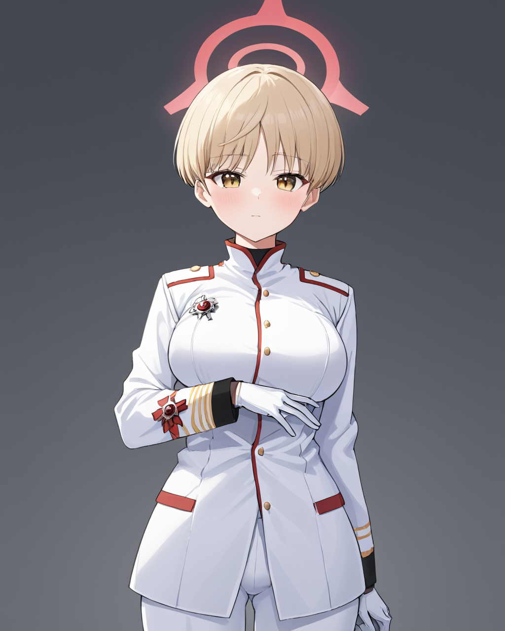 marina \(blue archive\),1girl, solo, white_pants, white_gloves, white_jacket, simple_background, closed_mouth, long_sleeves, cowboy_shot, military, grey_background, blush, military_uniform, adjusting_clothes, coat, looking_at_viewer, breasts, standing, makeup
<lora:marina_(blue_archive)_image369_2023-11-28-000020:1>halo. gorgeous,key visual, vibrant, studio anime,award-winning, professional, highly detailed,high budget, cinemascope