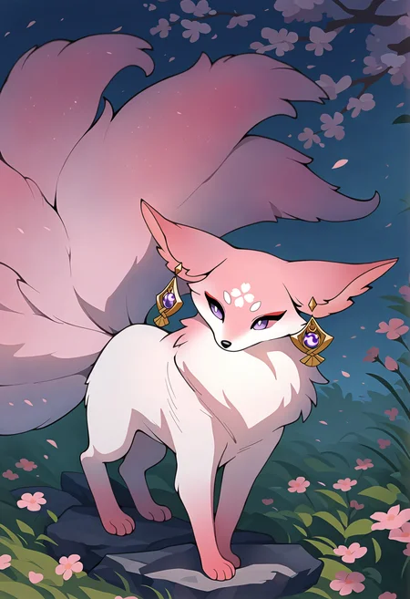 masterpiece, best quality, yae miko \(fox\), earrings, animal, multiple tails, no humans,
