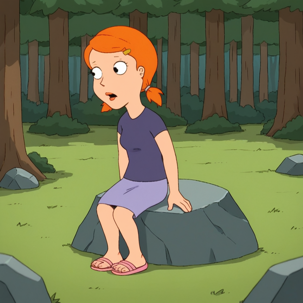 score_9_up, score_8_up, BREAK, Cicillia, 1girl, solo, short hair, orange hair, short twintails, black eyes, hairclip, shirt, blue skirt, pink sandals, <lora:Cicillia_FamilyGuy_PXL_Leaf1:1>, forest, sitting on rock,