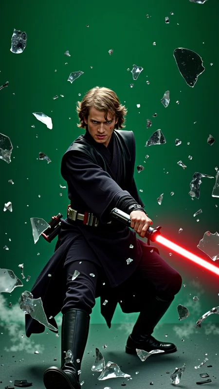 <lora:an4k1n flux final:1> A dynamic, high-energy scene captures an4k1n training with a (red lightsaber) mid-action as he bursts through a shattered glass surface, shards flying in all directions. The background is a solid, vivid darkgreen, creating a stark, intense contrast with the sharp, reflective fragments of glass. He wears a jedi outfit slightly torn and bloodied from the impact. His body is marked with small cuts from the glass, droplets of blood glistening under the light. His expression is one of pure fury, his eyes locked onto the viewer as if they are the target of her rage. His pose is explosive, one leg extended forward as if heâs leaping through the air, his arms raised defensively or ready to strike. The glass shards around him are frozen in mid-air, their jagged edges catching the light and creating a chaotic, almost surreal effect. The darkgreen background amplifies the intensity of the moment, evoking a sense of danger and raw emotion. The atmosphere is charged with adrenaline, the aftermath of his violent breakthrough palpable in every detail. The image feels as if itâs happening directly in front of the viewer, an4k1nâs momentum and the flying glass creating a sense of immediacy and immersion. Itâs a moment of chaos and power, a snapshot of rage and determination frozen in time. The combination of the darkgreen backdrop, the sharp glass, and an4k1nâs fierce expression makes for a visually striking and emotionally charged composition. He goes forward, driven by duty and the promise of glory.