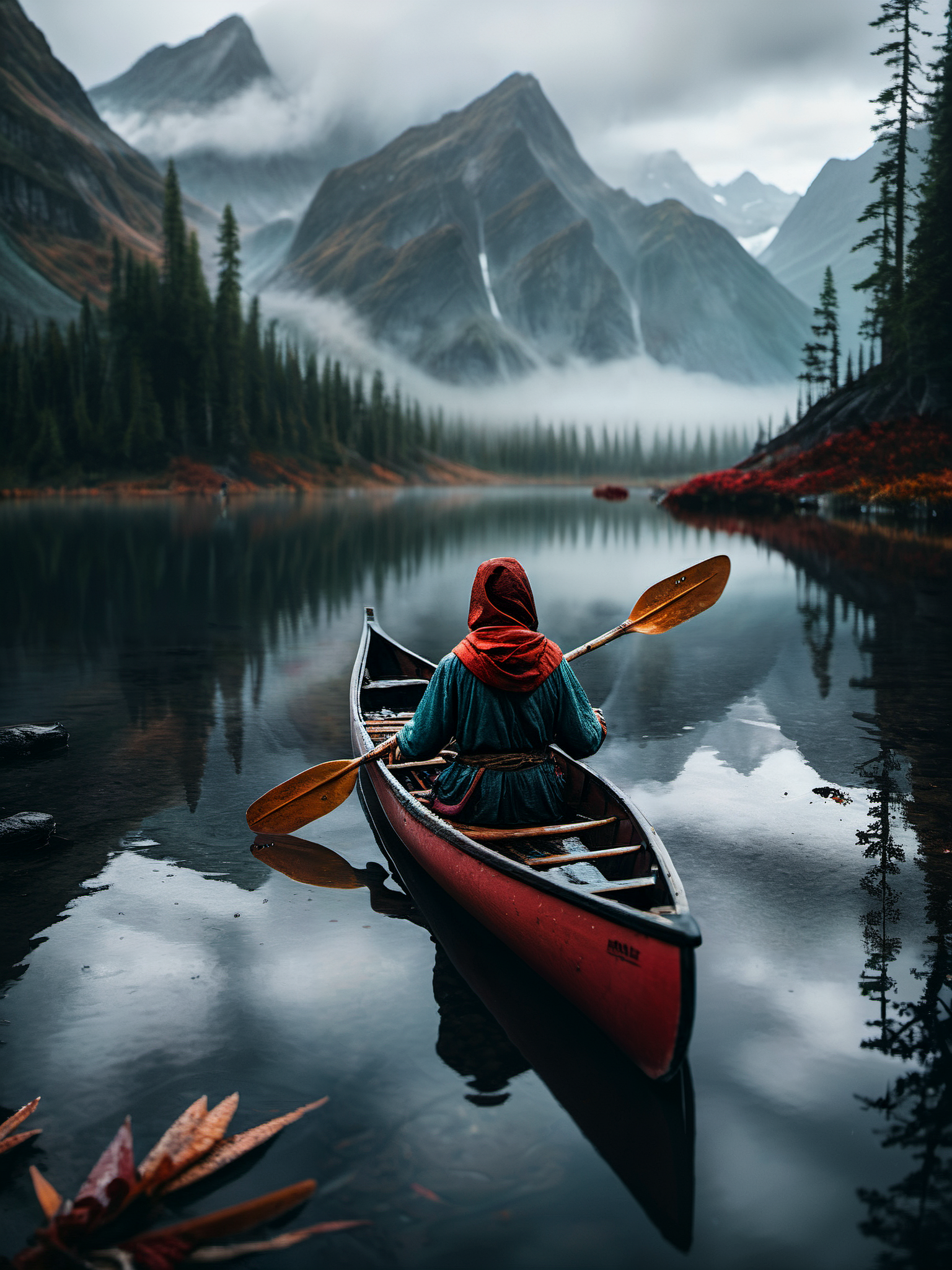 Sharp focus, big depth of field, Masterpiece, colors, 3d octane render, 4k, concept art, trending on artstation, hyperrealistic, Vivid colors, extremely detailed CG unity 8k wallpaper, trending on CGSociety, Intricate, High Detail, dramatic,

closeup photograph of a 26yo woman paddling a canoe on a misty lake, by Erik Almas, 

<lora:RMSDXL_Enhance:1>,
<lora:add-detail-xl:0.8>,
<lora:RMSDXL_Darkness_Cinema:1>,
