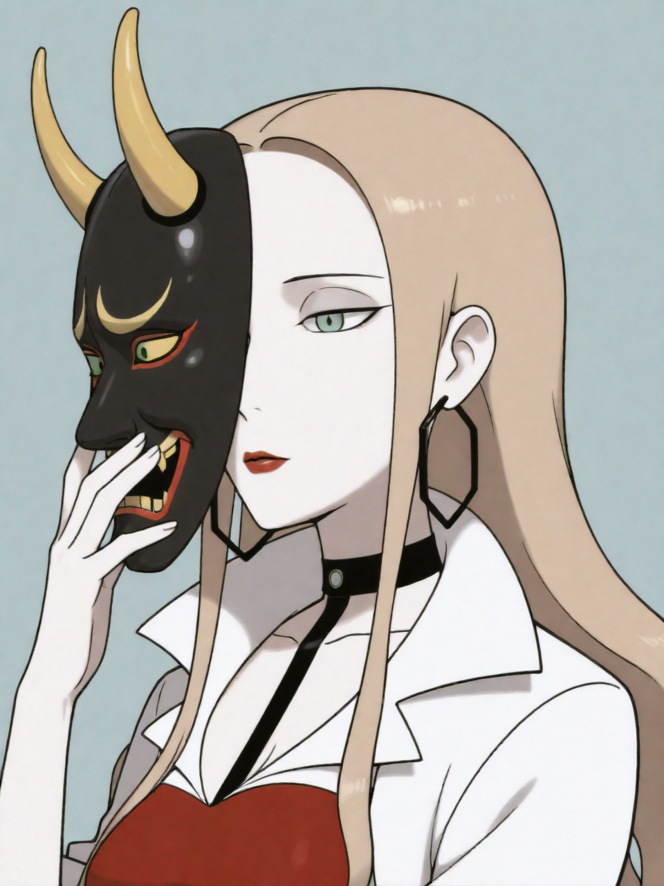 ILXLpos,zzOleana, green eyes, blonde hair, long hair, red lips,hoop earrings, black choker, red shirt, black pencil shirt, white coat,upper body,holding a hannya mask,<lora:Oleana:0.8>,<lora:Hannya IL:0.8>