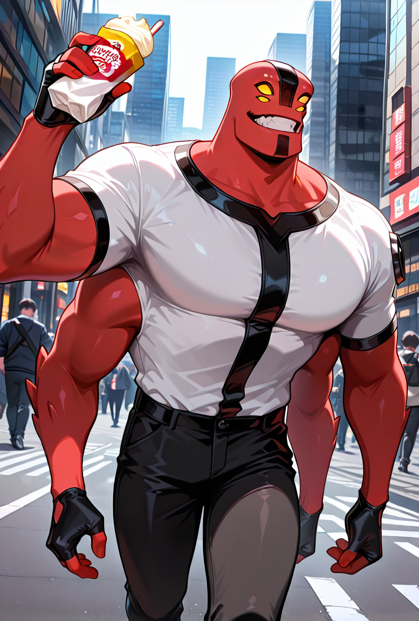 <lora:fourarms-05:1> fourarms, red skin, solo, male focus, yellow sclera, no pupils, 4 eyes, , fingerless gloves, white shirt, black pants, 4 arms , large pectorals, underbite, multiple arms, walking in city, smile teeth, holding icecream, masterpiece, best quality, amazing quality, very aesthetic, absurdres, newest,
