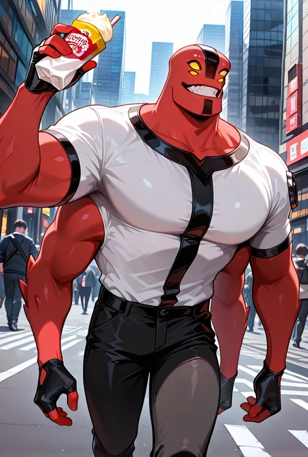 <lora:fourarms-05:1> fourarms, red skin, solo, male focus, yellow sclera, no pupils, 4 eyes, , fingerless gloves, white shirt, black pants, 4 arms , large pectorals, underbite, multiple arms, walking in city, smile teeth, holding icecream, masterpiece, best quality, amazing quality, very aesthetic, absurdres, newest,