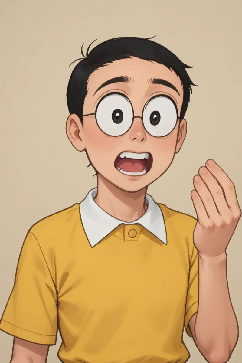 NOBITA,ROUND GLASSES,YELLOW SHIRTS,BLACK HAIR,BLACK EYES,<lora:nobita:0.7>,
upper body,clean face,Surprised expression, :O,
hud_it4lian_g3sture, hand up, looking at viewer, upper body, open mouth, teeth,
 <lora:pinchedfingers:0.9>
<lora:sdxl_lightning_8step_lora:1>,
score_9, score_8_up, score_7_up,score_6_up,dof,source_anime,
hyper-Detailed, masterpiece, best Quality,film Grain,