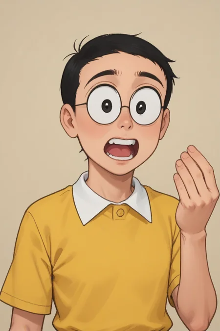 NOBITA,ROUND GLASSES,YELLOW SHIRTS,BLACK HAIR,BLACK EYES,<lora:nobita:0.7>,
upper body,clean face,Surprised expression, :O,
hud_it4lian_g3sture, hand up, looking at viewer, upper body, open mouth, teeth,
<lora:pinchedfingers:0.9>
<lora:sdxl_lightning_8step_lora:1>,
score_9, score_8_up, score_7_up,score_6_up,dof,source_anime,
hyper-Detailed, masterpiece, best Quality,film Grain,