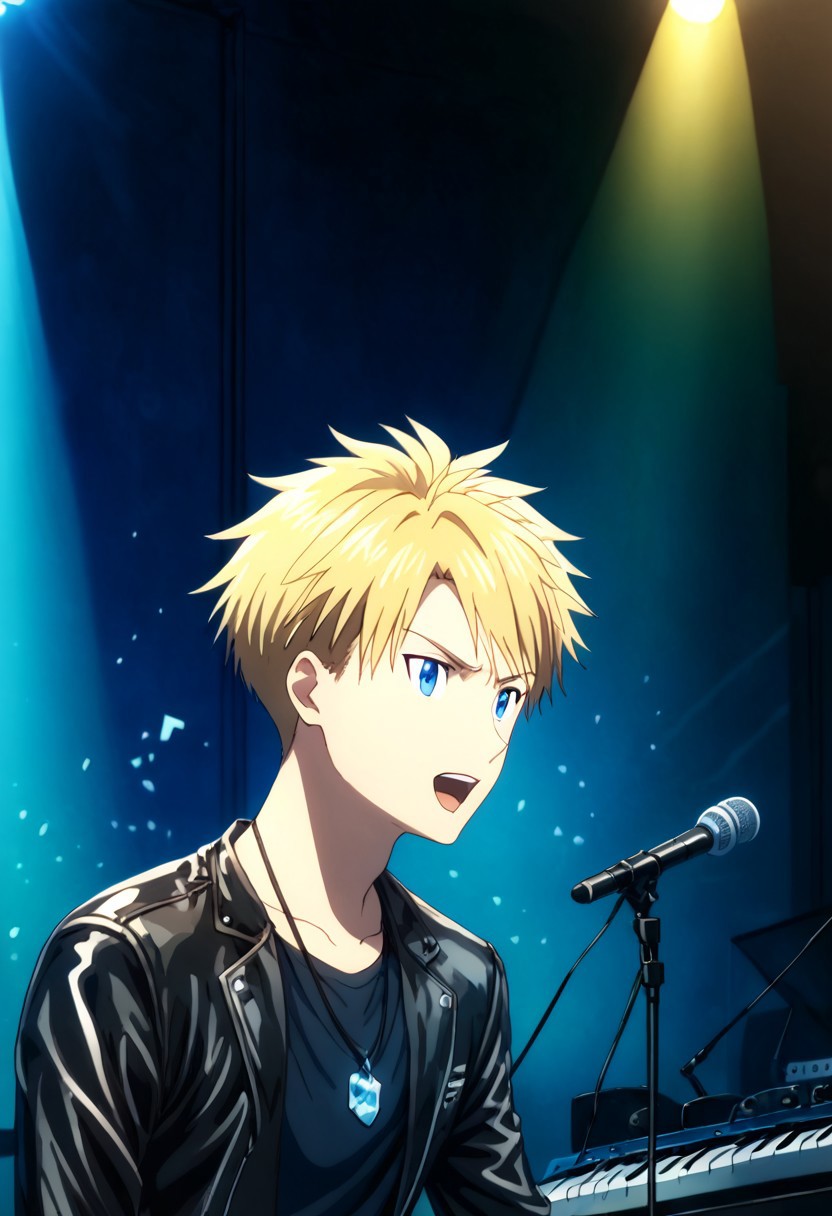 high resolution, solo, best quality, 1Boy, Yamato Ishida, Blonde Hair, Blue Eyes, Necklace, Black Leather, vocalist, bass, bassist, performance, singing,
