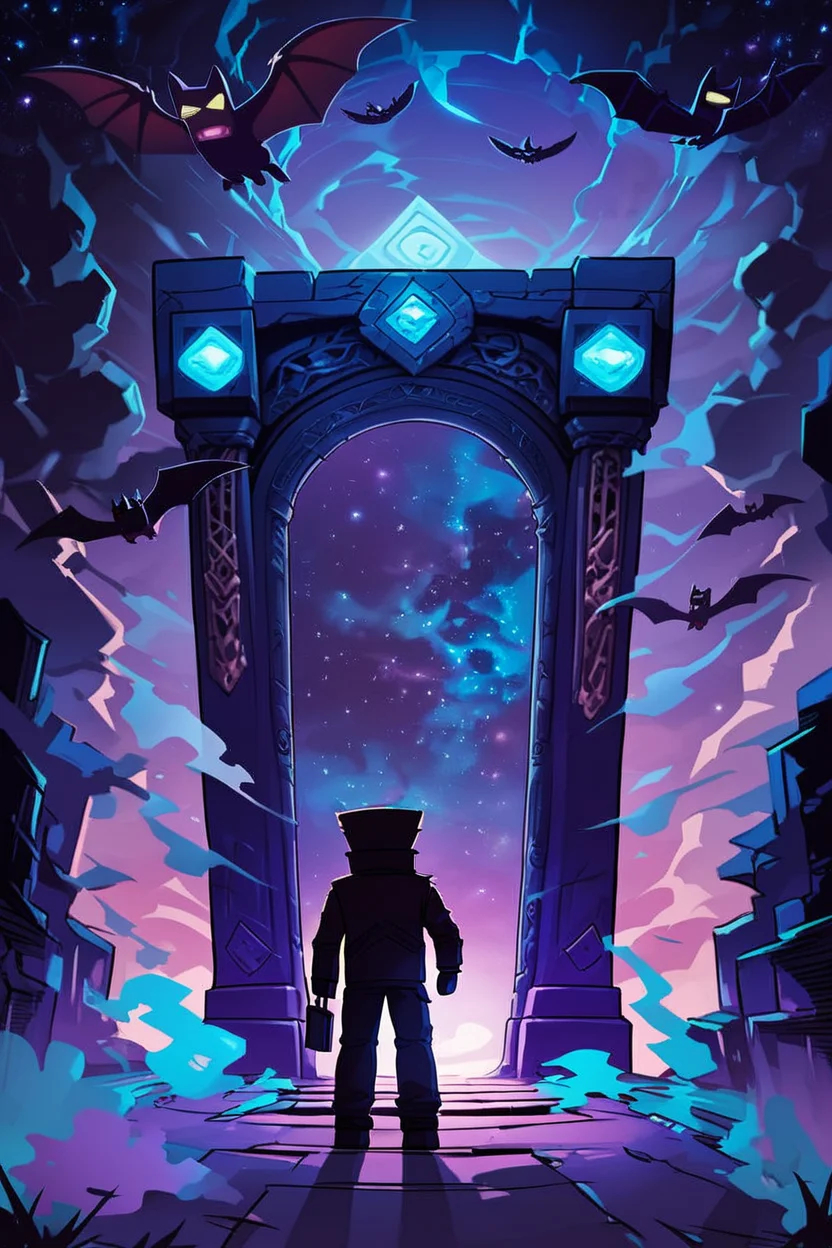 score_9, score_8_up, score_8, ,,, zzNetherPortal, long sleeves, 1boy, hat, holding, standing, male focus, sky, pants, from behind, coat, pokemon (creature), star (sky), floating, silhouette, bat (animal), male focus, from behind, night, looking up, star (sky), night sky, glowing eyes, smoke, starry sky, bat (animal), ,<lora:NetherPortalPDXL_v2:1.0>, ,,, smile, looking at viewer, ,,, embedding:zPDXL, <lora:SDXLFaeTastic2400:0.5>,