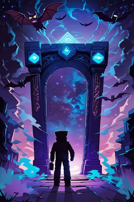 score_9, score_8_up, score_8, ,,, zzNetherPortal, long sleeves, 1boy, hat, holding, standing, male focus, sky, pants, from behind, coat, pokemon (creature), star (sky), floating, silhouette, bat (animal), male focus, from behind, night, looking up, star (sky), night sky, glowing eyes, smoke, starry sky, bat (animal), ,<lora:NetherPortalPDXL_v2:1.0>, ,,, smile, looking at viewer, ,,, embedding:zPDXL, <lora:SDXLFaeTastic2400:0.5>,