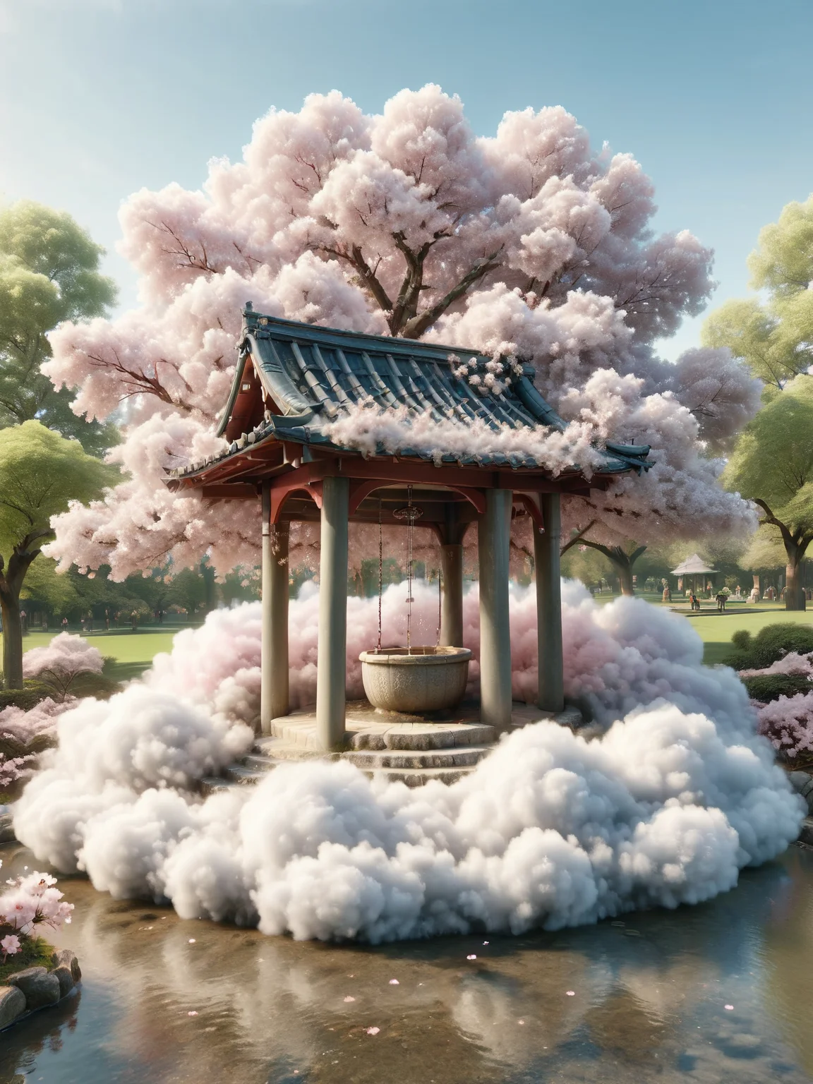 ais-cloudz wishing well surrounded by cherry blossoms in a tranquil park <lora:Cloudz_Style_SDXL:1>