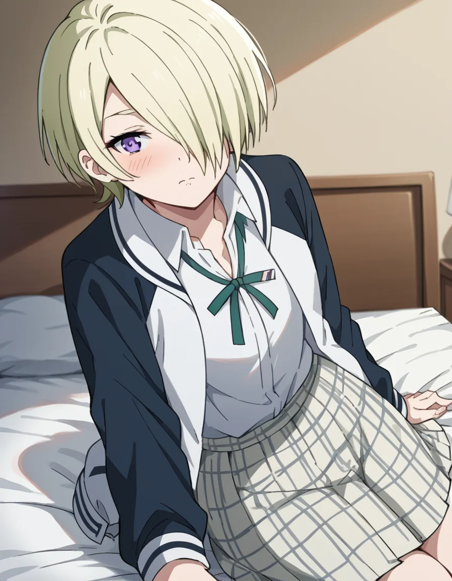 score_9, score_8_up, score_7_up, source_anime, <lora:mia-taylor-s2-ponyxl-lora-nochekaiser:1>, mia taylor, short hair, blonde hair, purple eyes, hair over one eye,, skirt, shirt, ribbon, school uniform, collared shirt, plaid, black shirt, neck ribbon, plaid skirt, white skirt, jacket, checkered skirt, nijigasaki academy school uniform,, indoors, bed, bed room, on side, blush, drunk, looking at viewer, solo,, cowboy shot, dutch angle