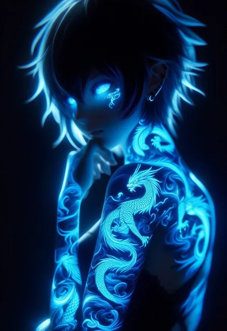 Artgerm, anime art A full body anime-style character with glowing blue dragon tattoos covering their arm and face and back and leg, emitting a mystical and ethereal glow. The tattoos are the same neon blue as the character's piercing eyes, which match the soft, shadowy lighting. The girl is standing in a eerie black background rear view. short hair, with the only light coming from the tattoos and eyes, casting an eerie glow on the surroundings. sad expression, one hand near chin, high contrast deep blue lighting, earrings. blue light, holography, <lora:g1owingtatt003d-000003:1>