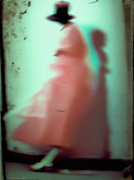 <lyco:Sarah Moon:1.0> sarah moon a woman in a dress and hat going near the wall. long exposure, photorealism , vintage photo, pastel color