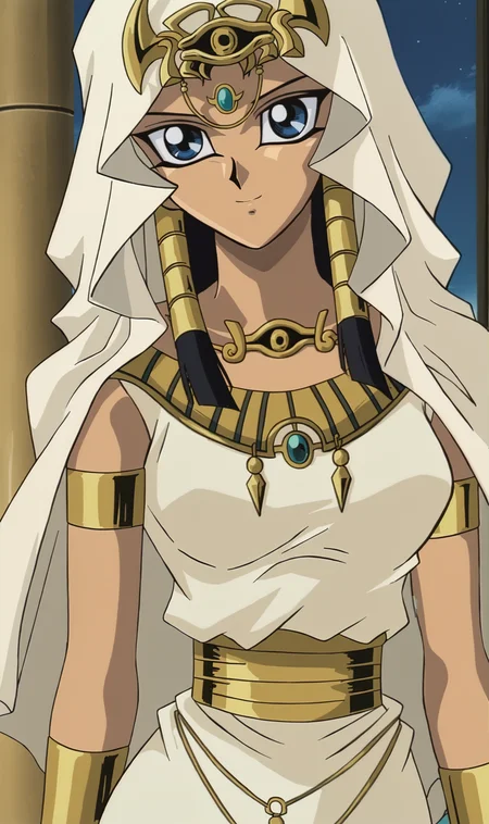 II, 1girl, solo, retro artstyle, black hair, blue eyes, hair tubes, head scarf, eye of horus headpiece, forehead jewel, eye of horus necklace, egyptian dress, armlet, waist up,  looking at viewer, smile, retro artstyle, anime coloring, <lora:Ishizu Ishtar Pony XL:0.8>
