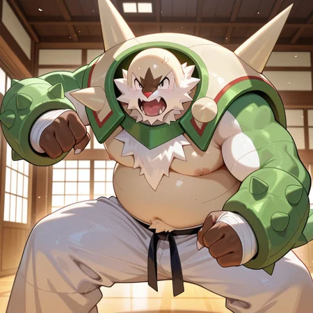 masterpiece, best quality, amazing quality, newest, absurdres, highres,
1boy, solo, action shot, pokemon (creature), (anthro Chesnaught), (handsome, fat, masculine, male), shirtless, (armorless), (white zubon pants), white handwraps, karate punch, angry, open mouth,
Dojo, daytime, sunny, excellent lighting
r4cc00n212, 2024, 2023, nu119h05t2, detailed information, perfect anatomy