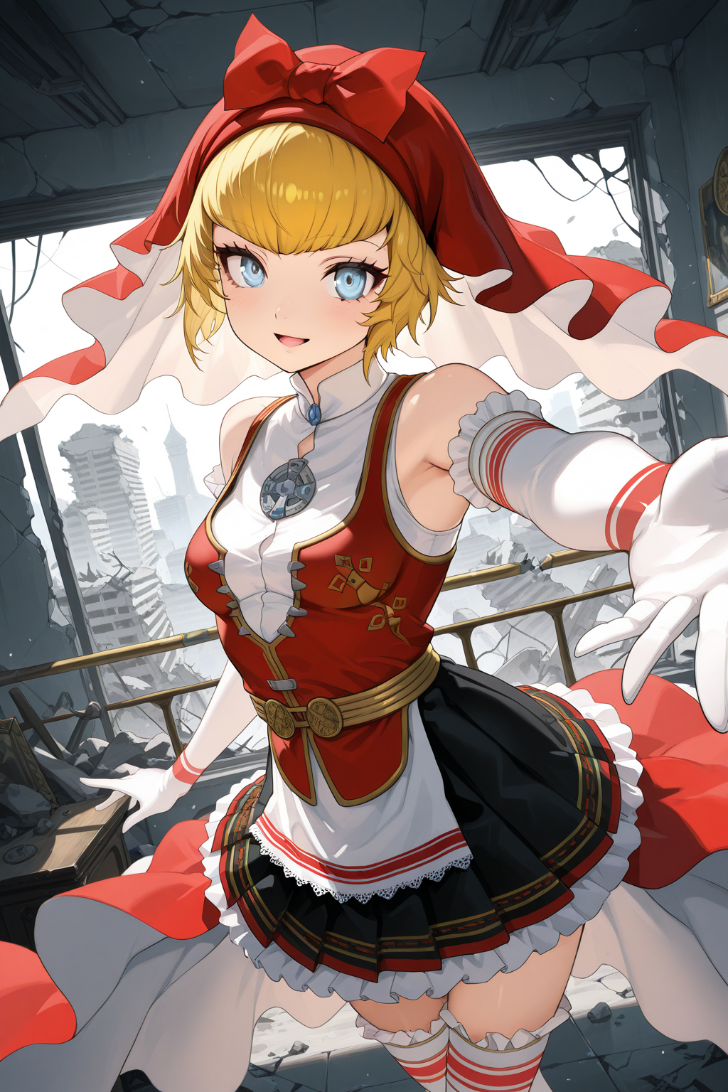 1girl,
IdunnShinMegamiTensei,
general, solo, perspective, dutch angle, half body,
short hair, blonde hair, detailed eyes,
light smile,
red hood, elbow gloves, 
skirt, white thighhighs,
idol, looking at viewer, smile, open mouth, dynamic pose, dancing, 
tokyo, indoors, ruins, building, 
<lora:kp_IdunnShinMegamiTenseiIllustrious_v1_0:1.0>,
masterpiece, best quality, amazing quality