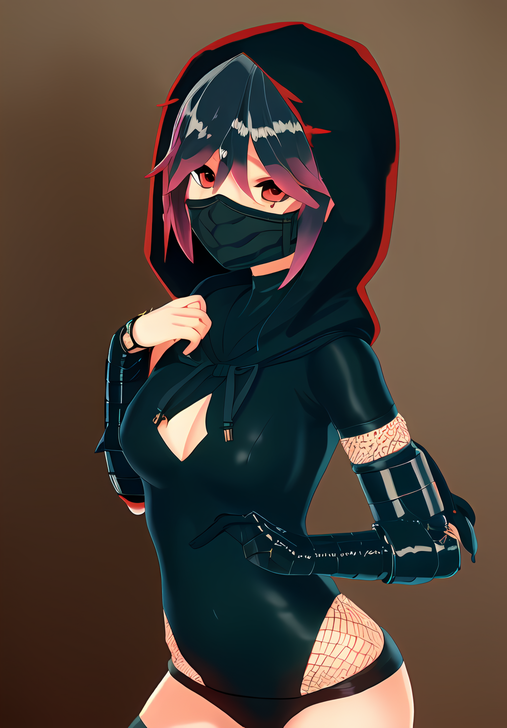 <lora:konoichi_hatsume:0.8>, konoichi_hatsume, 1girl, solo, ninja, bodysuit, fishnets, face mask, hood, (seductive, alluring, charming:1.3), (highly detailed, high quality:1.3)