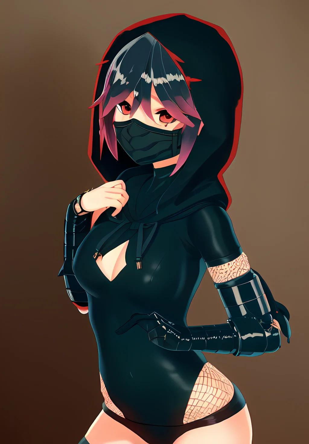 <lora:konoichi_hatsume:0.8>, konoichi_hatsume, 1girl, solo, ninja, bodysuit, fishnets, face mask, hood, (seductive, alluring, charming:1.3), (highly detailed, high quality:1.3)