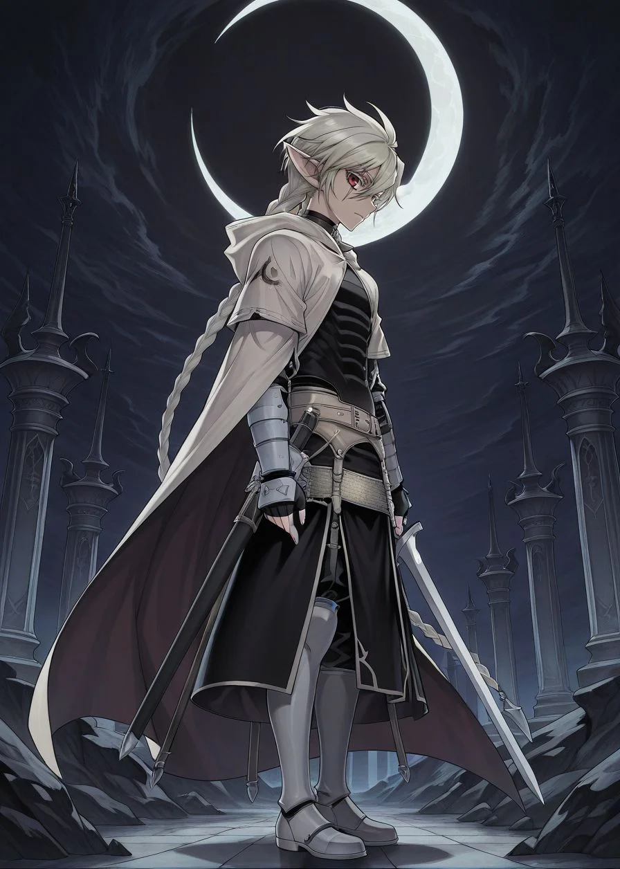 masterpiece, best quality, arms at sides, male focus, 1boy, male, looking at viewer, full body, crescent moon, night, gothic background, facing to the side, holding sword,
<lora:Koinzell:0.8>, Koinz0l, red eyes, platinum blonde hair, scar across eye, pointy ears, twin braid, platinum blonde eyelashes, cape, hooded cloak,