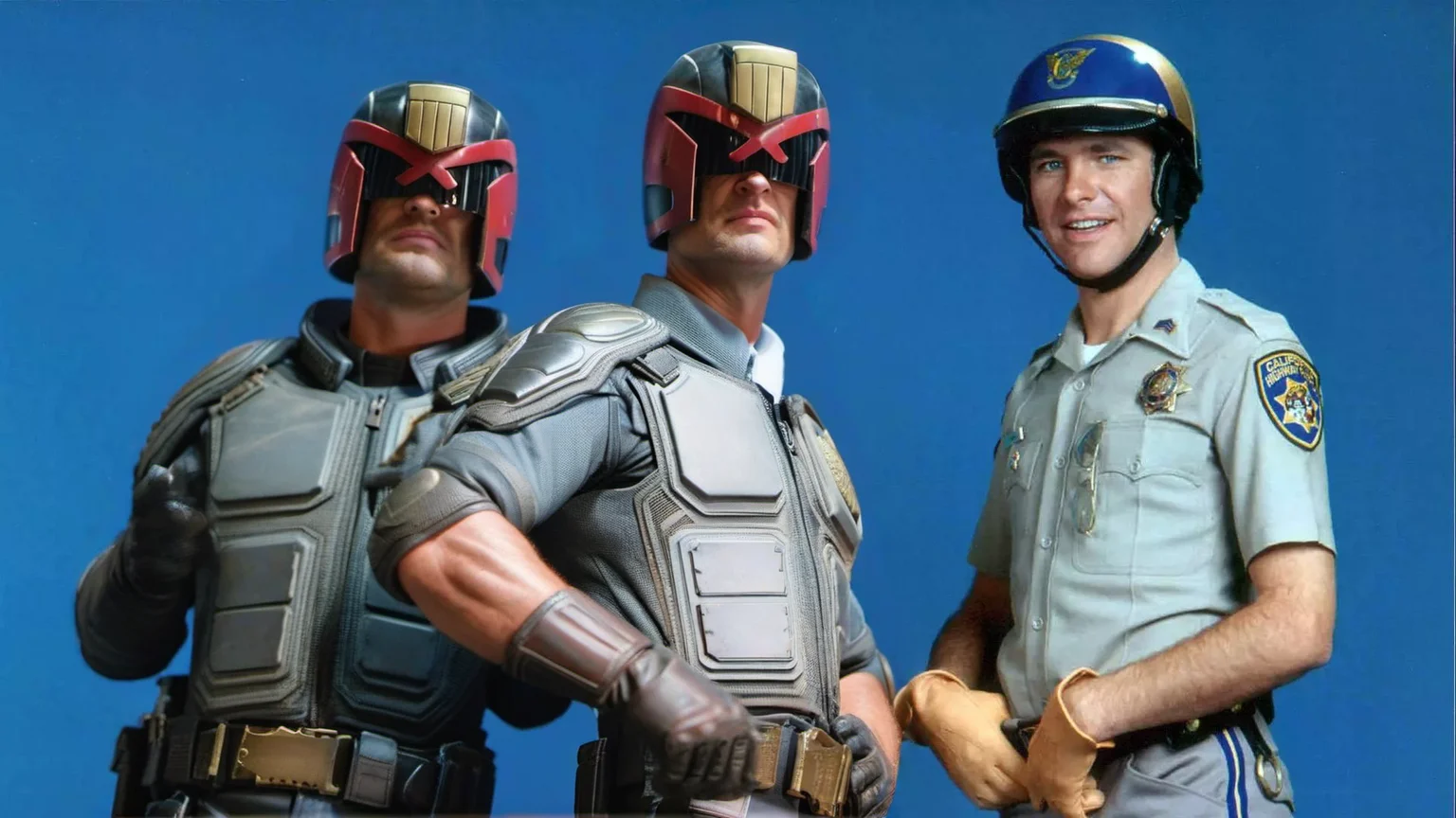 Dredd1024, three men in uniform, highly detailed , photography, ultra sharp, film, bokeh, professional, 4k, highly detailed <lora:add-detail-xl:1.5> <lora:Dredd1024:0.7>