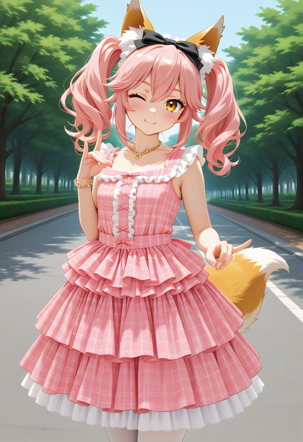 masterpiece, best quality, amazing quality, 1girl, solo, looking at viewer, blush, out, outdoor, sky, plant, ultra-detailed, park, road, makeup, sunlight, pastel tone, anime screencap, anime coloring, ((cowboy shot, closed-up, closeup)), dynamic angle, ((double fox shadow puppet, wink, seductive smile)), <lora:tamamojk:1>, t4m4mojk, animal ears, tail, yellow eyes, pink hair, long hair, twintails, sidelocks, hair between eyes, black bow, hair bow, <lora:Showaretro_sweetgirl_cakedress:0.8>, Showaretro_sweetgirl_cakedress, pink dress, plaid, hair ornament, jewelry, necklace, frills, bow, bracelet, hair bow, shoes, sleeveless, frilled dress, (layered skirt:1.2), (ribbon hairband:1.1), ((plaid long dress, long dress)), white pantyhose, <lora:wai-Rectified-s:1>