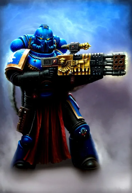 Score_9_up, absurdres, source: GamesWorkshop, grimdark, gothic horror, an adeptus astartes Ultramarines space marine in armor and helmet wielding a melta gun