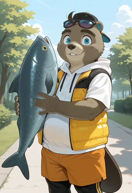 masterpiece,best quality,amazing quality, 1boy, solo, c33j4y, furry, black backwards hat, sunglasses, blue eyes, white hoodie, yellow open vest, orange shorts, black leggings, beaver tail, outdoors, chubby, confident, holding big fish,