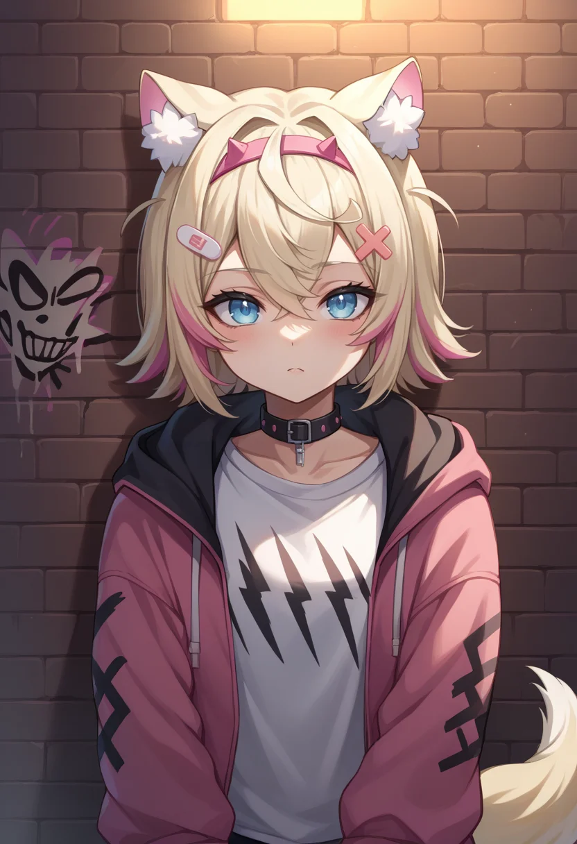 score_9, score_8_up, source_anime, 1girl, solo, MococoAbyssgard, short hair, streaked hair, hairband, hairclip, tail, earrings, sharp eyes, choker, neon shirt, open jacket, turtleneck sweater, night, against wall, brick wall, graffiti, dim lighting, alley, looking at viewer, <lora:ChamMococoAbyssgardPonyXL:1>