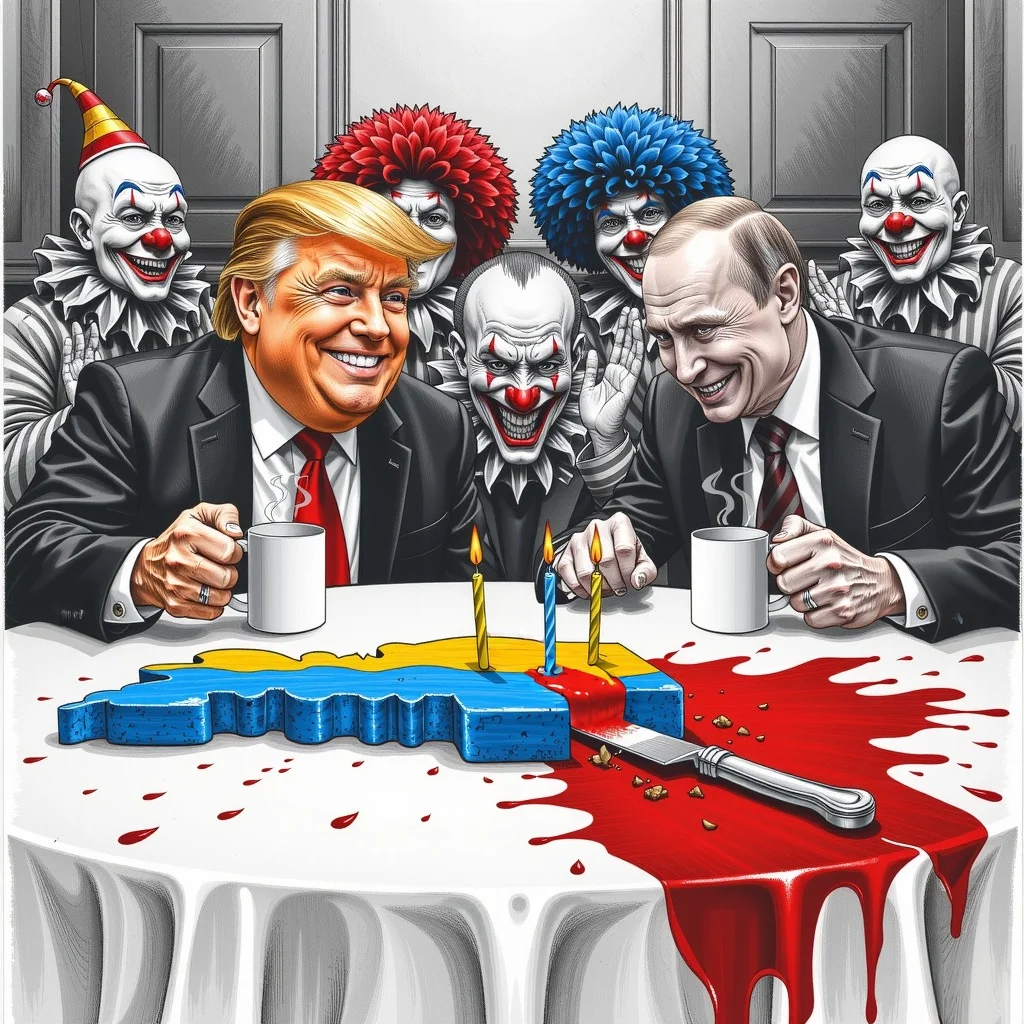 Political satire illustration; Trump and Putin, middle-aged men, seated at a table, celebrating a cake shaped like Ukraine; Trump, smiling, holds a coffee cup; Putin, also smiling, lights a candle on the cake; Ukraine cake is covered in blood; multiple sinister clowns are surrounding them; dark, dramatic lighting; intense and disturbing mood; graphic depiction of violence and political commentary; realistic portrait style; detailed clothing, suit and tie; rich color palette, contrasting colors of clown costumes, blood, and cake; graphic details of the cake being cut by a knife, and a lot of blood on the table; sharp, almost caricature-like features; satirical and disturbing subject matter; focused and centered composition; detailed portrayal of facial expressions; high-contrast lighting; detailed depiction of environment; surreal and dark humorous tone; dramatic satire; political commentary image.
