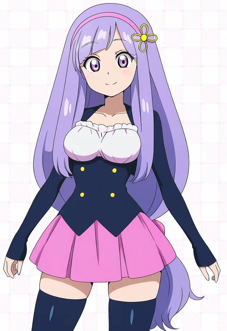 masterpiece, best quality, solo, curvy, beautiful eyes, narrow waist, wide hips, 1girl, solo, smile, looking at viewer, zzVioletta, purple eyes, purple hair, hair ornament, blunt bangs, long hair, low-tied long hair, pink hairband, jacket, sleeves past wrists, pink skirt, black thighhighs, zettai ryouiki, ,<lora:ViolettaByKurumiErika_IXL:1.0>, dynamic pose, cowboy shot, smile, looking at viewer, shiny skin,