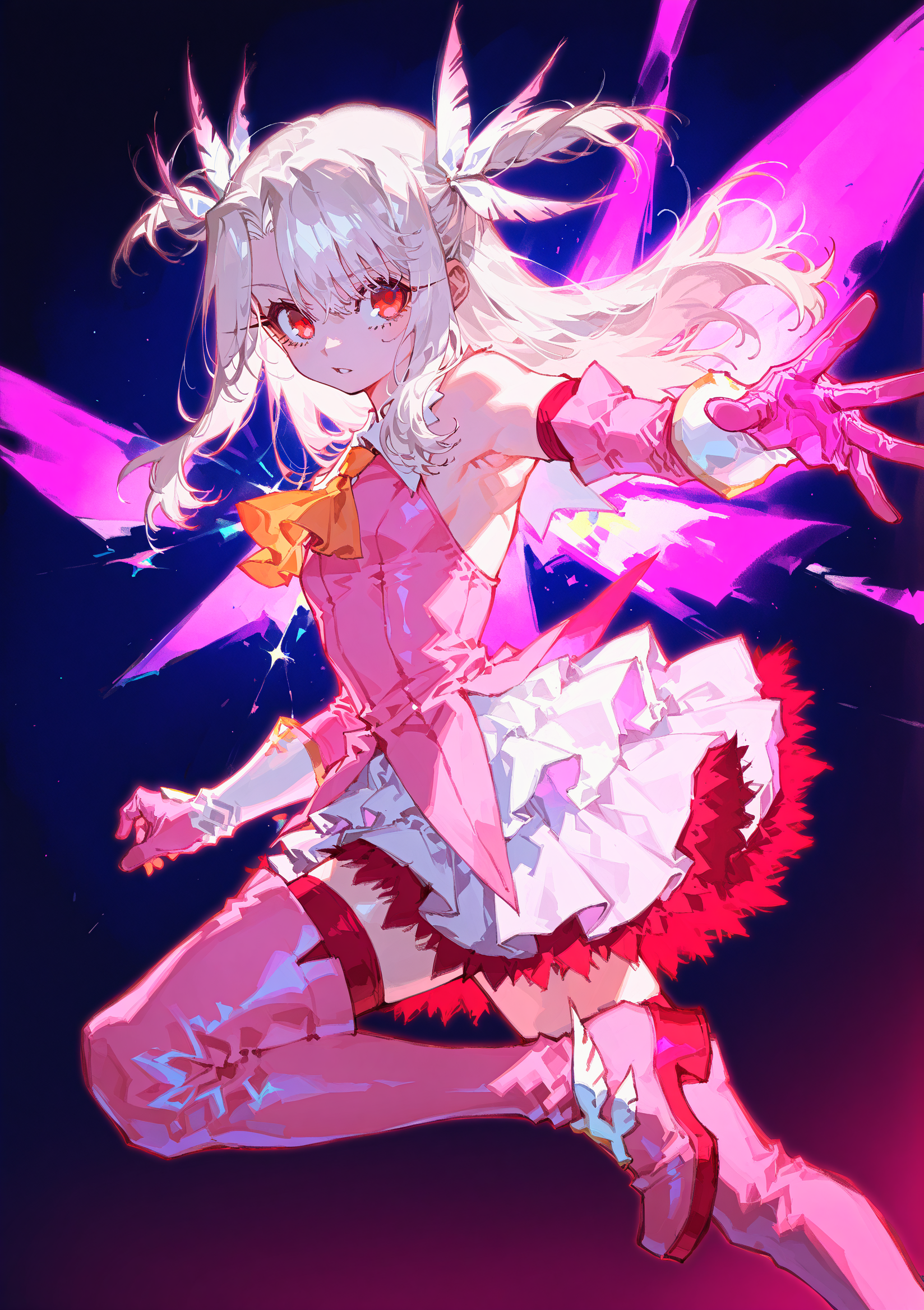 best quality, masterpiece, amazing quality, very aesthetic, very awa, absurdres, newest,
dynamic pose, dynamic angle, fantasy lighting
<lora:nhl-001:0.4>, nhl-001,<lora:ponyv4_noob1_2_adamW:0.33>, <lora:96YOTTEA-WAI:0.6>,<lora:yoneyamaiXLNBVP1lokrV6311PZ:0.6>,
optical illusion, ssambatea, quasarcake, Fishine, arutera, soresaki, reoen, sanbonzakura, askzy, negative space, see-through_body,made of,  tiny neon glass filaments, neon light, detailed background, hand out frame,
illyasviel_von_einzbern
white hair, red eyes, long hair,  two side up, feather hair ornament, pink dress, elbow gloves, magical girl, pink thigh Boots
 <lora:Illya_Illus:0.7>