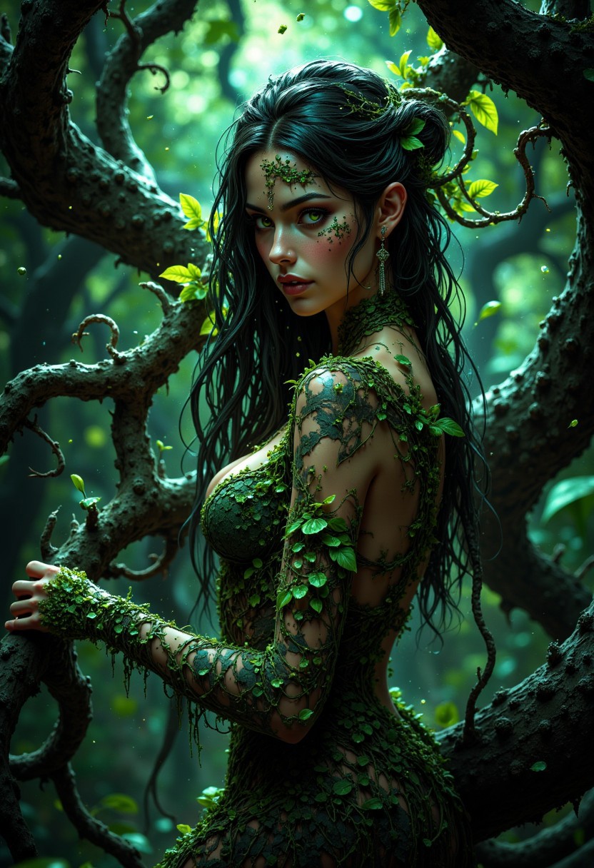 Face close up, gorgeous perfect eyes, highly detailed eyes, glossy lips. A mysterious and beguiling enchantress stands in the heart of a twisted, overgrown forest, surrounded by gnarled, ancient trees and glowing fungi. She has long, dark hair intertwined with vines and wears a revealing, nature-infused outfit of leaves and flowers that clings to her body. Her skin glows faintly green, matching her captivating eyes, which shine with a dangerous charm. In one hand, she holds a staff wrapped in living vines, glowing with arcane energy. The atmosphere is dense with mist and soft green light, giving the forest an otherworldly, enchanted feel. The lighting captures the deep shadows and subtle highlights, emphasizing her wild, seductive power. (maximum ultra high definition image quality and rendering:3), maximum image detail, maximum realistic render, (((ultra realist style))), realist side lighting, , 8K high definition, realist soft lighting, (amazing special effect:3.5)