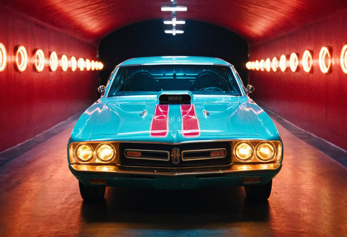 VintageMuscleCar gleaming dragster tunnel, symmetrical front view, bright headlights, neon lights, glass background, light reflections, 4K, highly detailed, closeup (stylish grainy analog film photo 35mm vintage Kodachrome)