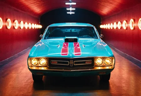 VintageMuscleCar gleaming dragster tunnel, symmetrical front view, bright headlights, neon lights, glass background, light reflections, 4K, highly detailed, closeup (stylish grainy analog film photo 35mm vintage Kodachrome)