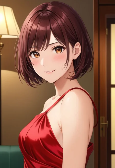 1girl, woman, 36yo, small breasts, short brunette hair, brown eyes, closeup, looking at viewer, blushing, slight smile, squinting eyes, satin red dress with straps, one strap off shoulder, standing in living room, upper body, standing lamp on, light, focus on face, taking viewer by hand