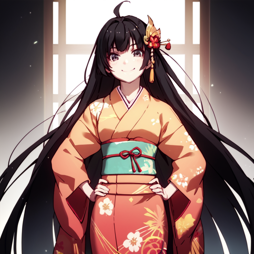 score_9, score_8_up, score_7_up, score_6_up, score_5_up, score_4_up, source_anime, , Karen, very long hair, ahoge, black hair, hair ornament, black eyes, Kimono, , soft smile, standing, hands on hips