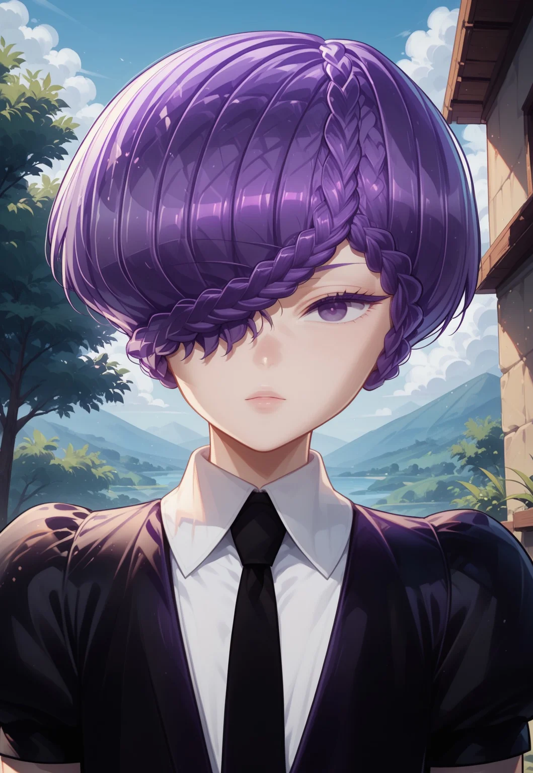 score_9, score_8_up, score_7_up,outdoors, amethystxl12, androgynous, purple hair, short hair,braid,hair over one eye, purple eyes, gem uniform (houseki no kuni),black jacket, white shirt, black necktie,white belt, puffy sleeves, short sleeves, close up,