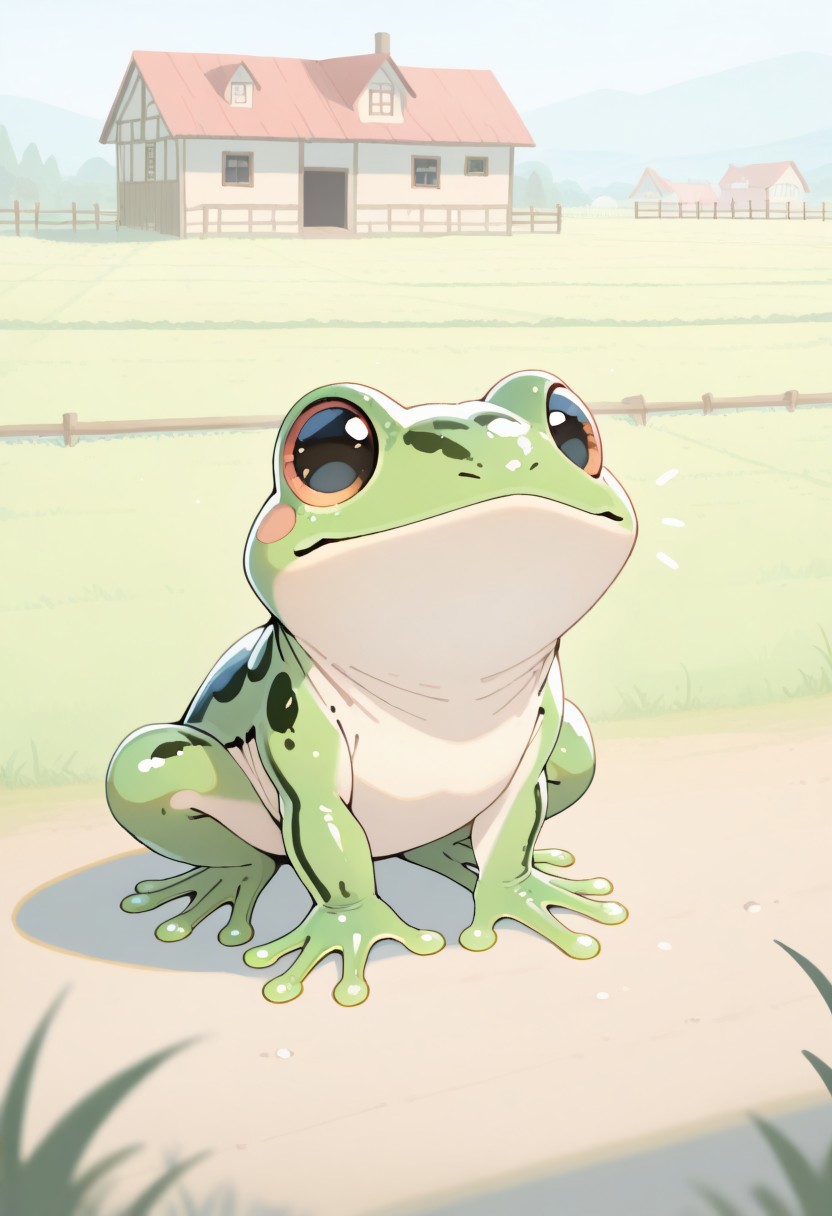 "(masterpiece, best quality, high quality, highres), very awa, highres, absurdres, 
(chii-kun \(seedyoulater\):0.4), (naguru \(cyoroama\):0.5), 
(frog:1.1), 
(no humans:1.1), (cute:1.2), comfy, solo, cozy, 
sunny day, outdoors, farm, surprised, sneak under the fence, town, "