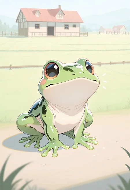 "(masterpiece, best quality, high quality, highres), very awa, highres, absurdres, 
(chii-kun \(seedyoulater\):0.4), (naguru \(cyoroama\):0.5), 
(frog:1.1), 
(no humans:1.1), (cute:1.2), comfy, solo, cozy, 
sunny day, outdoors, farm, surprised, sneak under the fence, town, "