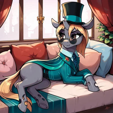 masterpiece, score_9, score_8_up, score_7_up, (best quality:1.1), ultra-detailed, high resolution, solo, 1character, Helvia, changeling queen oc, feral, female, long eyelashes, ears, crooked horn, gray skin, blonde mane, (single horn), (((beautiful detailed light-brown eyes))), smirk, round sunglasses, fang, green suit, brooch, long top hat, necktie, inside, cozy living room, lying on side, pink pillows, full body, highly visible, sharp focus, perfect lighting, shiny, anatomically correct, extremely detailed, shine on body, high detail, cute, Expressiveh, detailed background, expressive