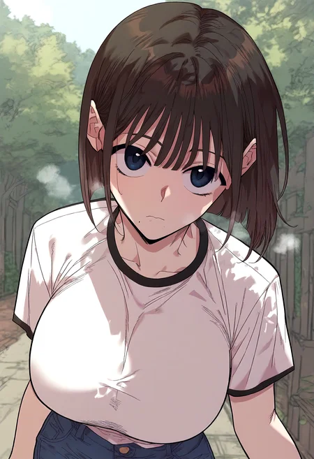 score_9, score_8_up, score_7_up, score_6_up, source_anime, rating_explicit, 1girl, solo, huge breasts, <lora:Lee Ha-neul prefectPonyxl:1> brown hair, blue eyes, medium hair, mole under mouth, short hair, black hair, bob cut, mole under eye, white shirt, denim, short shorts, expressionless, Narrow shoulders, heavy breathing, steaming body, forest, outdoors, standing, looking at viewer, close-up